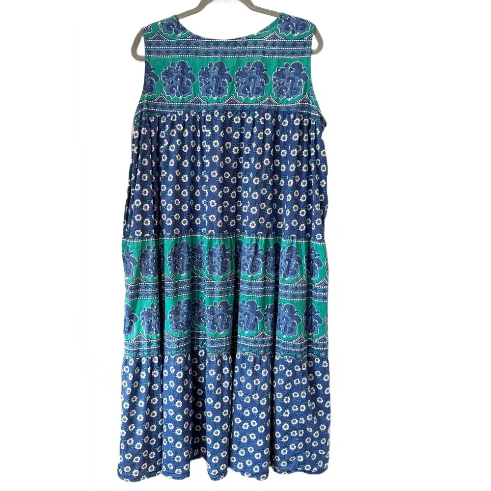 La Cera 100% Cotton Floral Print Sleeveless Midi Dress Blue and Green Size XLP